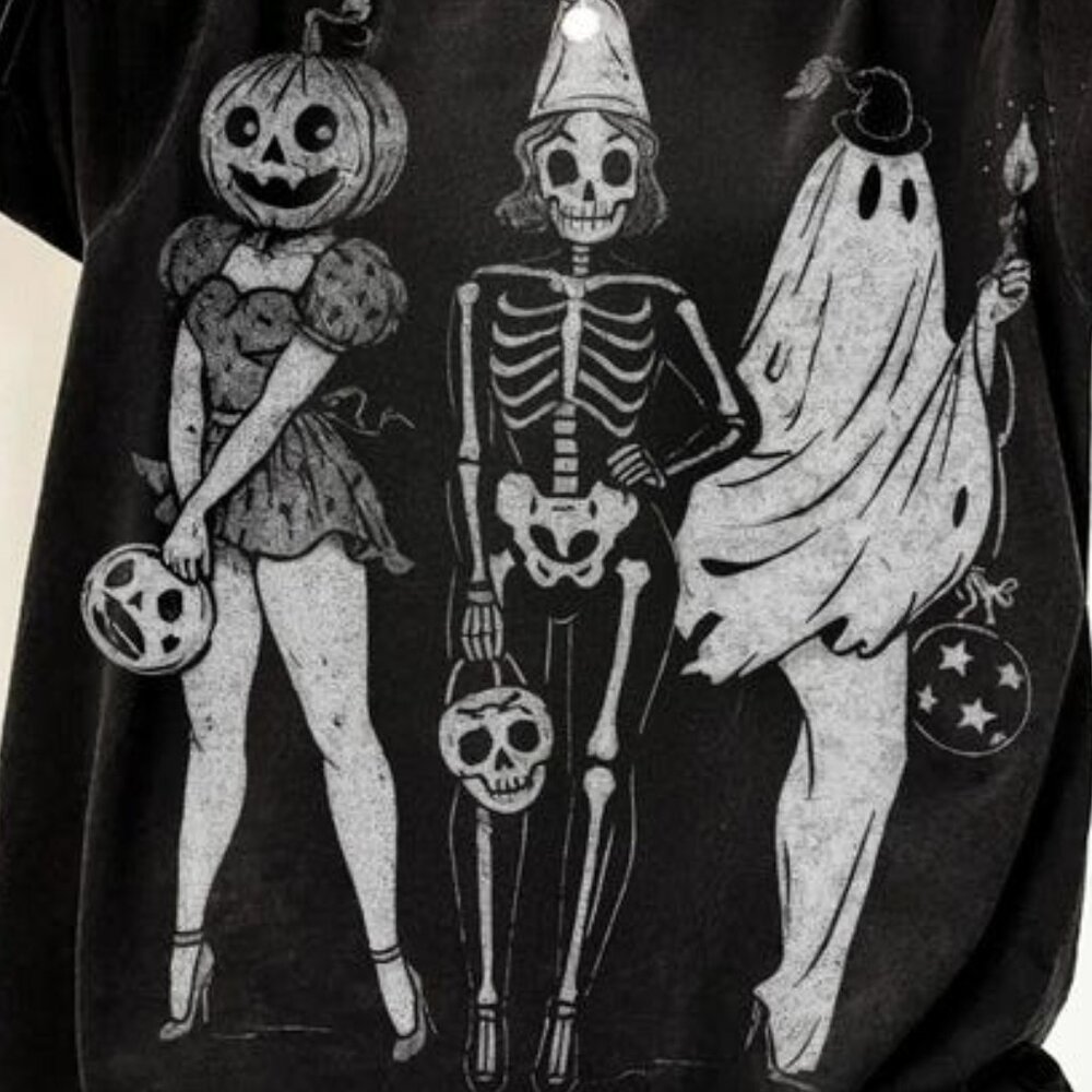Halloween Tee, Spooky Girl Squad Tee, Skeleton Ghost Pumpkin Tee - Picture 2 of 4